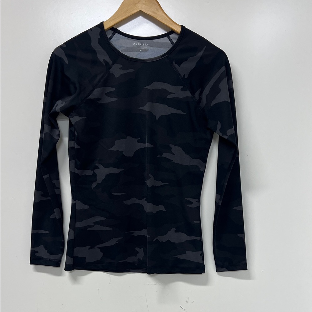 Athleta Camo Long Sleeve Top, Black and Gray, Medium, Nylon and Spandex, Stretch